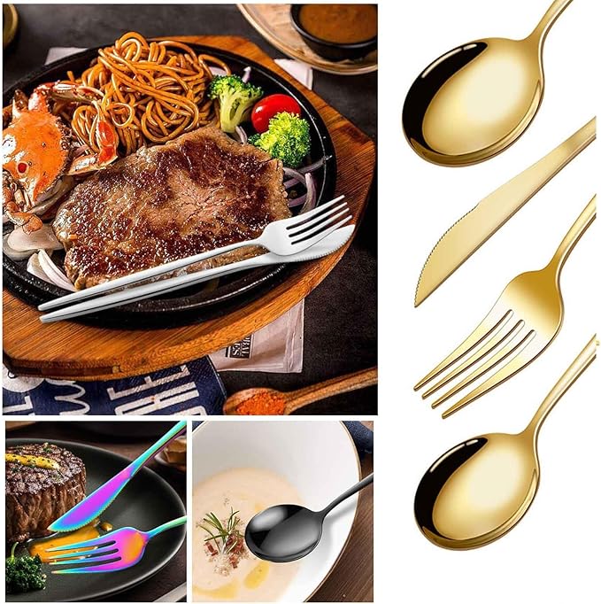 24 PCS Stainless Steel Cutlery Serving Set for 6 with Spoon Knife and Fork, Easy to Clean, Matte Mirror Polished for Home, Restaurant, Parties, Dishwasher Safe(Silver,D)