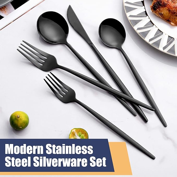 40 Piece Black Silverware Set, Stainless Steel Flatware Cutlery Set Service for 8 Including Forks Spoons Knives,Kitchen Utensil Set,Tableware for Home and Restaurant, Dishwasher Safe
