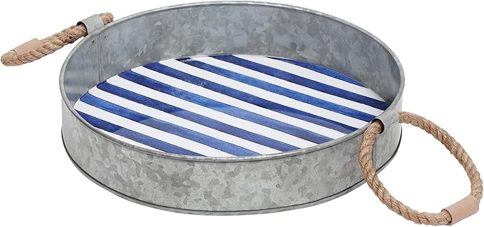 Round Serving Tray – Santorini Collection Set of 2 Decorative Trays – Blue and White Ottoman Tray with Natural Jute Handles – Galvanized Iron Trays for Coffee Table, Liquor Display, Decor