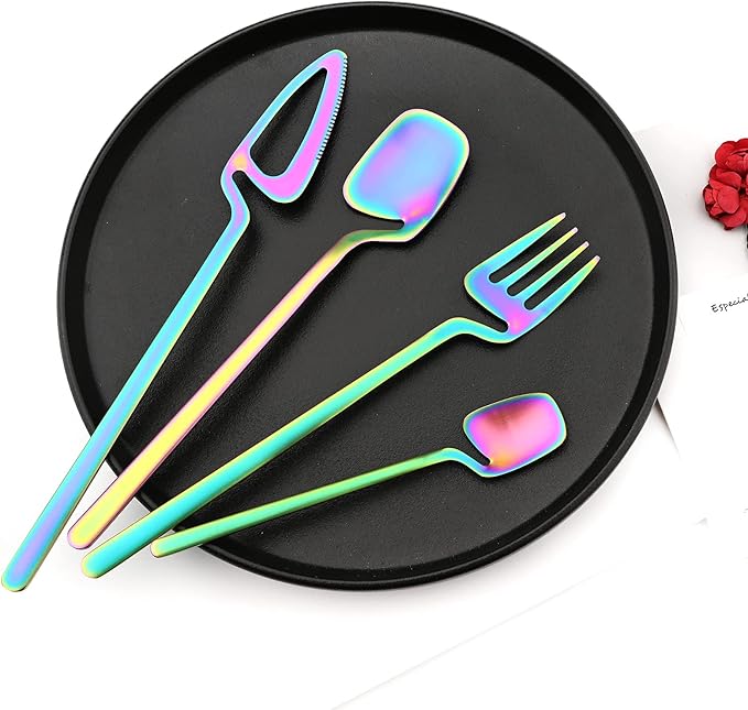 24-Pieces Hangable & Cute 18/10 Stainless Steel Flatware Set, Matte Cutlery Set Kitchen Dinnerware Include Knife/Fork/Spoon/Teaspoon Service for 6, Rainbow