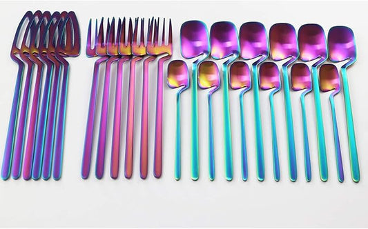 Service for 6 Rainbow Dinnerware Set 304 Stainless steel Cutlery Matte Forks Spoons Knives Flatware Set Dinner Silverware Set (24pcs Rainbow)