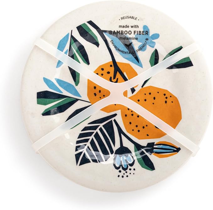DEMDACO Decorative Dining Dish Appetizer Plate, 6.5 Inch Melamine Set of 4, Citrus Blooms