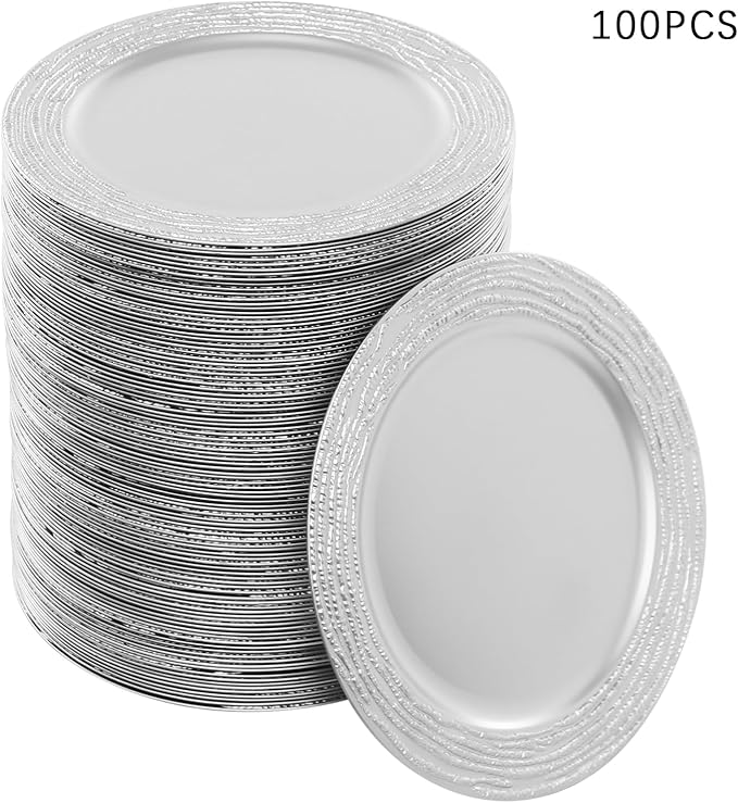100 Pack Chargers for Finner Plates, 13 Inch Plastic Round Bright Charger Plates Bulk, Wedding Decoration for Table Setting Wedding Party Event Tabletop (Silver)