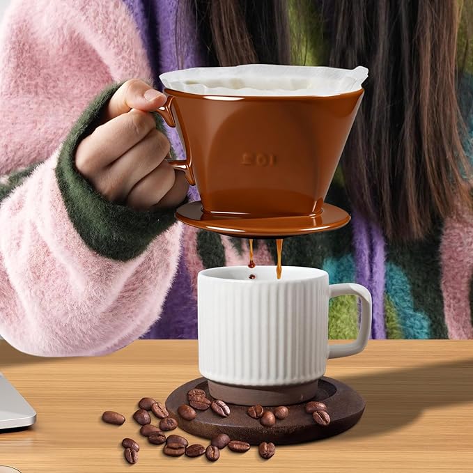 Handmade Pour Over Ceramic Coffee Dripper - Authentic Brewing Experience for Camping, Office, and Home (Coffee Brown)