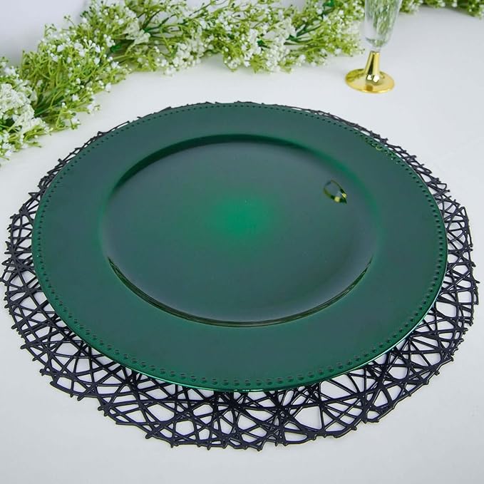 13" Charger Plates -Set of 12 - Acrylic Hunter Green Round Beaded Disposable Chargers, Ideal for Dinner Party Wedding Bulk Events Tabletop Decoration