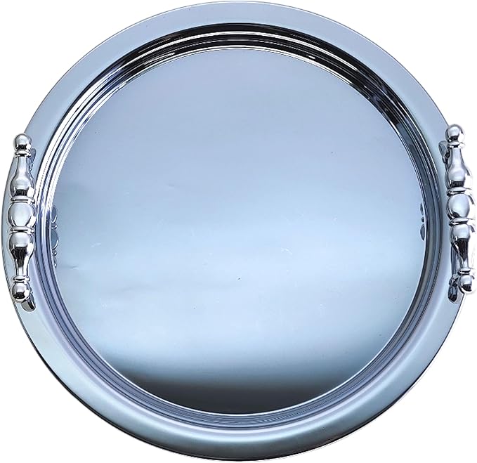 (Pack of 2) 13.8 inch x 13.8 inch Round Chrome Plated Silver Serving Tray with Handles Design Floral Victoria Design Engraved Birthday Wedding Buffet Wine Decor Platter Plate NC-022