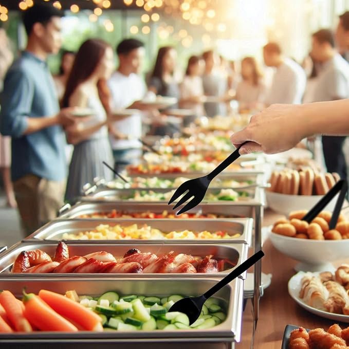 Party Essentials Plastic Serving Utensils for Party Buffet Kit, Black, Spoons/Forks/Tongs, 18-Piece