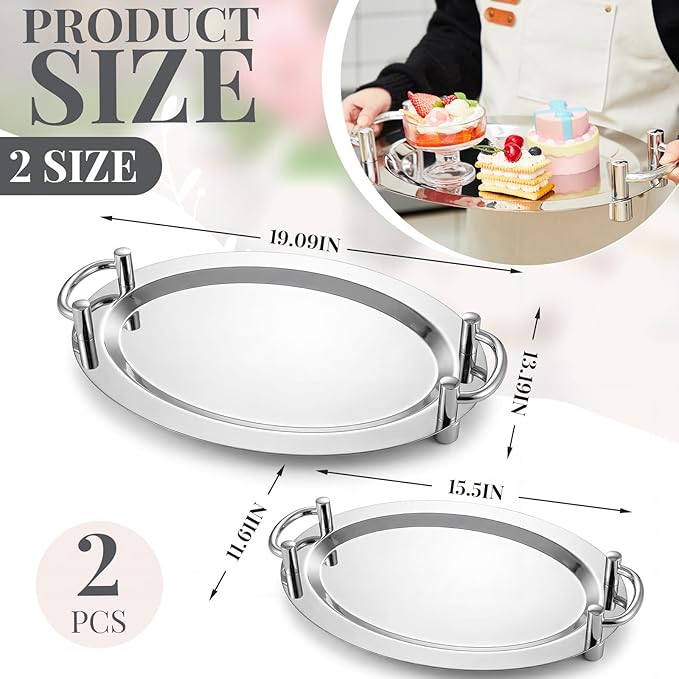 2 Pcs Stainless Steel Serving Tray, Heavy Duty Portable Metal Serving Tray with Handle Mirror Polished Steel Buffet Snack Salver for Coffee, Desserts, Cakes (Oval,18 x 13,15" X 11")