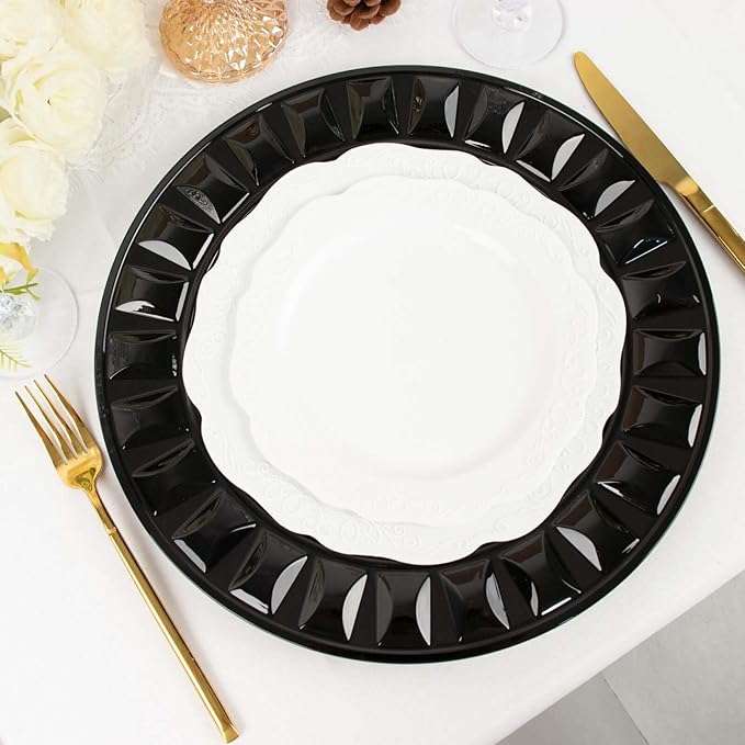 Efavormart 6 Pack | 13" Black Round Bejeweled Rim Plastic Dinner Serving Trays, Disposable Charger Plates
