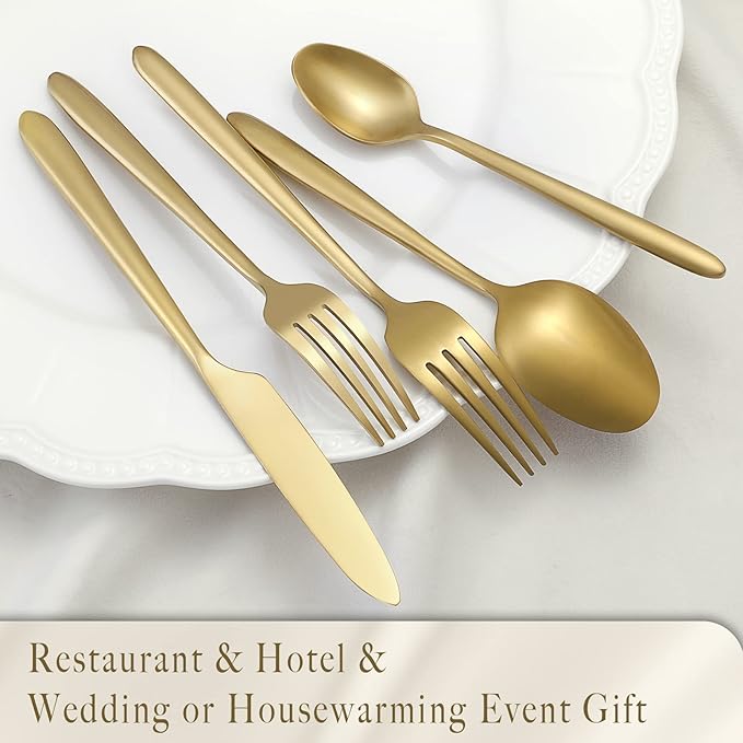 DEACORY Silverware Set Flatware Set Matte Gold Stain Polished Cutlery Set Brushed Finished Heavy Drip Handle Stainless Steel 60 Pieces Dishwasher Safe Service for 12