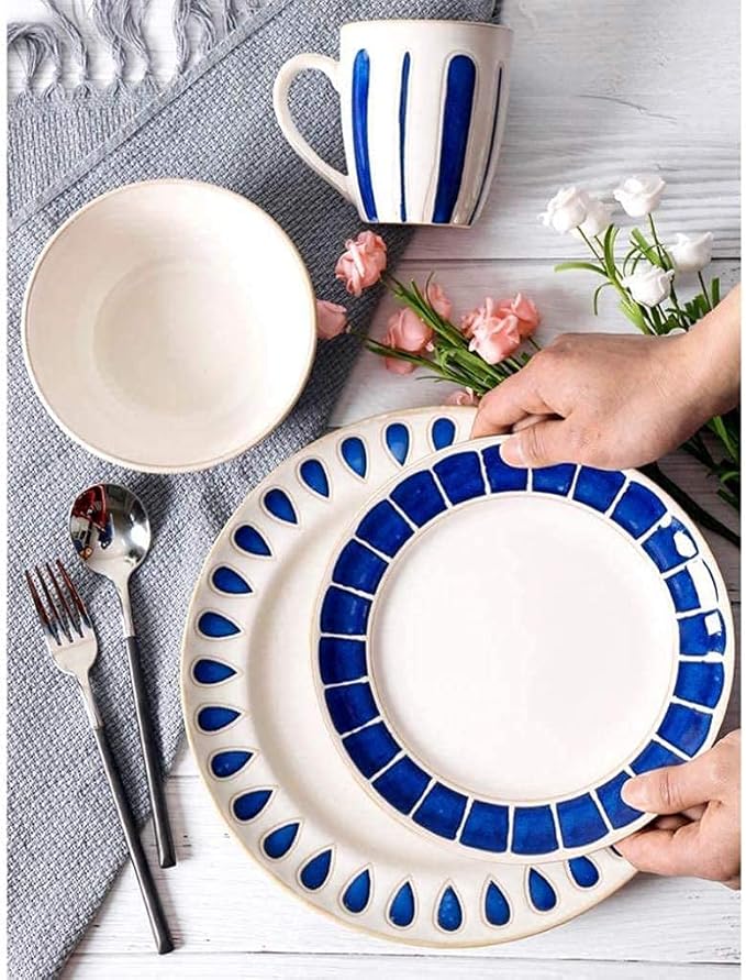 Elegant Dinner Plates,Fine Dinnerware Set,4 Pieces Blue White Ceramic Dinner Set Porcelain Mug Plate Bowl Lead-Free Tableware