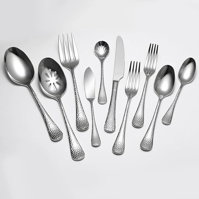 Premium 45 Piece Hammered Silverware Set with Smooth Edge, 18/10 Stainless Steel, Service for 8, Fine Flatware Set, Dishwaser Safe(45)