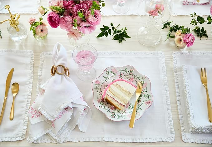 Solino Home White Linen Dinner Napkins 20 x 20 Inch - 100% Pure Linen Juliette Ruffle Cloth Napkins Set of 4 for Christmas, New Year - Handcrafted and Machine Washable