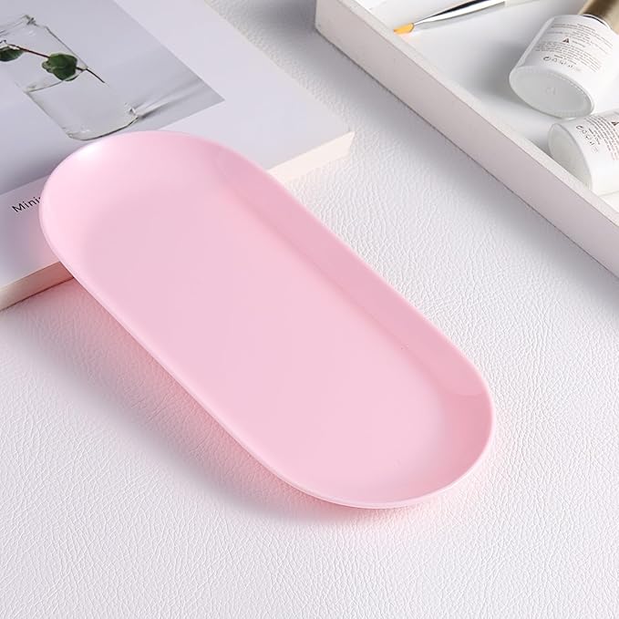 2 Pack Pink Plastic Jewelry Tray Decorative Dish, Small Oval Candy Dessert Plate, Manicure Tools Placing Supplies for Home Salon Storage