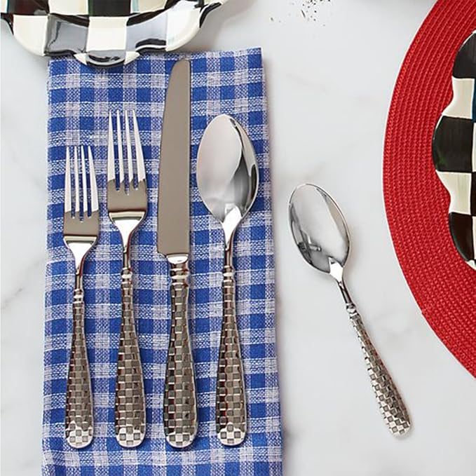 MACKENZIE-CHILDS 5-Piece Flatware Set, Cute Silverware Set with Salad Fork, Dinner Fork, Knife, Spoon, and Teaspoon, Check