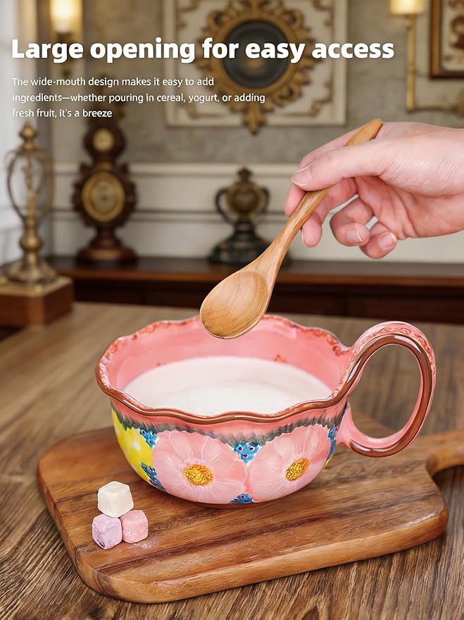 silesia Handmade Ceramic Soup Bowl, 30 oz Hand Painted Bowl with Loop Handle, Floral Design Cereal Bowl for Soup, Ice cream, Snack, Microwave & Dishwasher Safe (Glazed Pink)