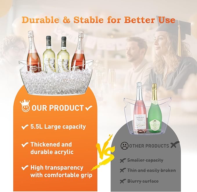 Ice Bucket for Parties, 2PCS Clear Acrylic Drink Buckets with Scoop & Metal Wine Bottle Opener, 5.5L Large Champagne Bucket Tub for Wine, Beer, Cocktail Bar & Mimosa Bar Supplies Cooler