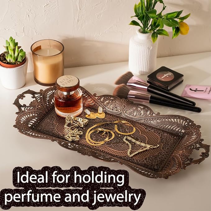Small Antique Turkish Tea Coffee Serving Tray Table Decor Decorative Handles - Antique Moroccan Home Kitchen Rustic Copper Farmhouse Brass Rectangular Bar Arabic Fancy Candle Vintage Decor Style Tray