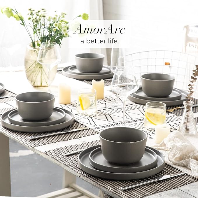 AmorArc Ceramic Plates Set of 6, Matte Glaze 8.0 Inch Dishes Set for Kitchen, Dessert,Salad,Appetizer, Small Dinner Plates, Microwave & Dishwasher Safe, Scratch Resistant, Matte Grey