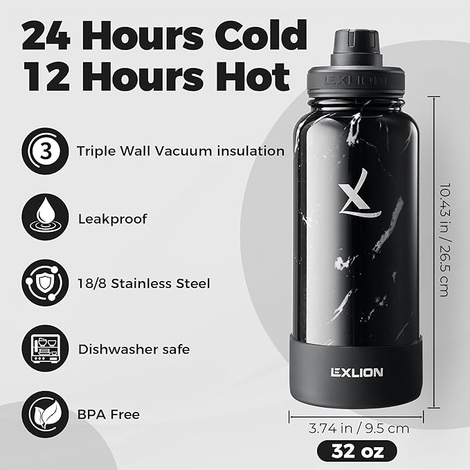 Lexlion Tea Infuser Water Bottle 32 Oz – Triple Wall Insulated Stainless Steel, Loose Leaf & Fruit Strainer, 3 Leakproof Lids, BPA-Free Silicone Sleeve, Reusable Thermal Mug