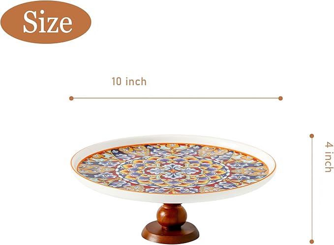 Ceramic Cake Stand with Elegant Wood Curved Footed, 10” Versatile Dessert Stand, 2-in-1 Dessert Table Display Set & Charcuterie Board for Birthday/Kitchen/Party/Charcuterie, Orange