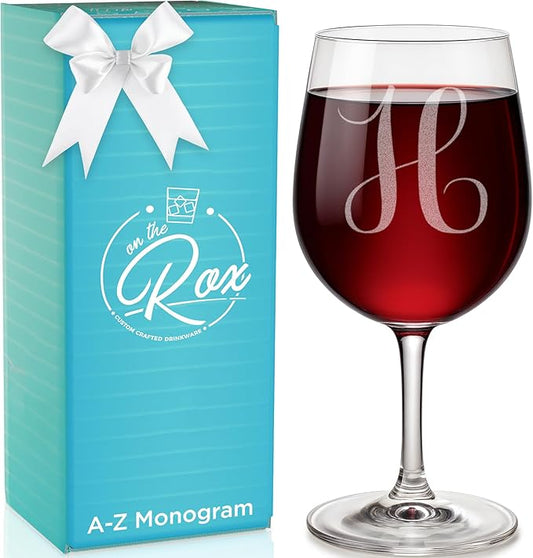 Monogrammed A-Z Wine Gifts for Women - 12.75 oz Engraved Personalized Wine Glass- Funny Wine Lover Monogram Gifts for Women - Unique Wine Glasses Gift Set (H)