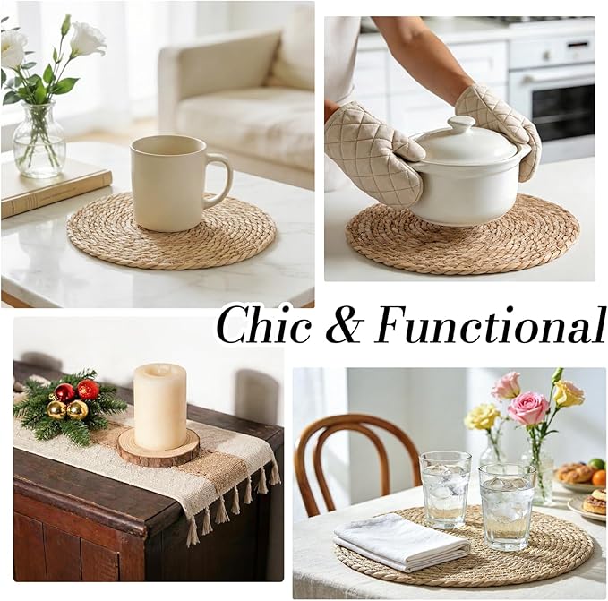 Placemats Set of 8-11.8in Round Rattan Place Mats & 11.8” x 17” Cotton Braided Placemat for Dining Table Setting, Rustic Farmhouse Boho Wedding Decor, Wicker Woven Charger Dinner Plates, 16Pcs