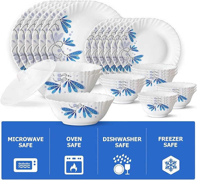 Borosil Gourmet Dinnerware Set For 6, 35 Pieces, White Dinner Plates and Bowls Sets, Chip Resistant Tempered Opal Glass, Stain Resistant, Dishwasher & Microwave Safe Dinner Set For Gifting, Serves 6