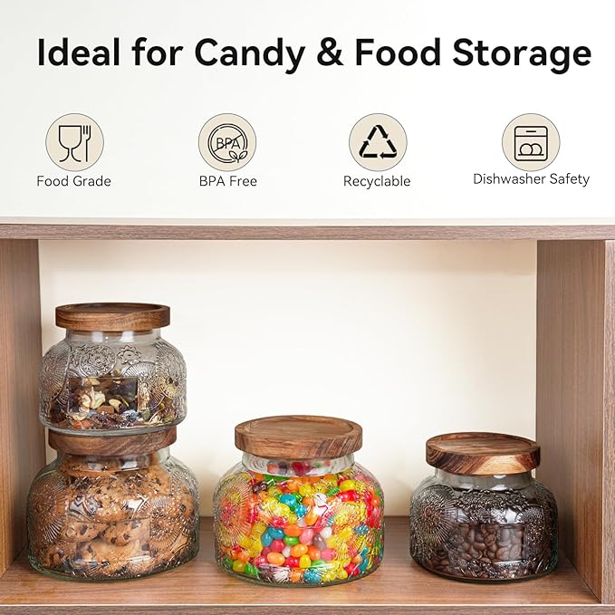40 Oz Glass Candy Jar with Wooden Lid - Vintage Airtight Food Storage Container for Kitchen Pantry Office Decor, Clear Cookies Canister Organize Coffee Sugar Tea Spice Nuts Snacks