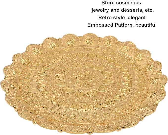 Turkish Tea Coffee Serving Tray, Vintage Style Round Coffee Tray with Embossed Pattern, Metal Dessert Plate for Bar Outdoor Dresser and Home Use (Gold)