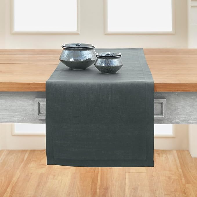 Solino Home Linen Table Runner 120 Inches Long - 100% Pure Linen Dark Grey Dining Table Runner 14 x 120 Inch for Winter - Fete