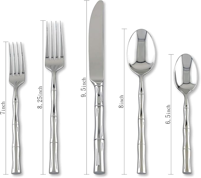 UPware 45-Piece Bamboo Shaped Flatware Set, 18/8 Stainless Steel Silverware Cutlery Set, Service for 8 with Serving Set, Mirror Polished, Dishwasher Safe (Bamboo)