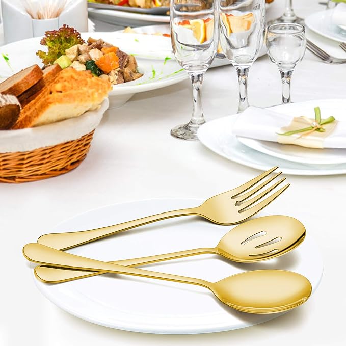 LIANYU 6 Pack Large Gold Serving Spoons and Forks Set, 9.8 Inch Stainless Steel Buffet Catering Party Banquet Serving Spoon Fork, Mirror Finished, Dishwasher Safe