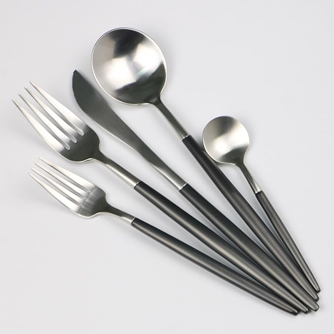 Customized 20-Piece 18/10 Stainless Steel Flatware Set, Serive for 4, With Fork Spoons Knife Teaspoon Dessert Fork for Home Kitchen Restaurant Hotel (Black + Silver)