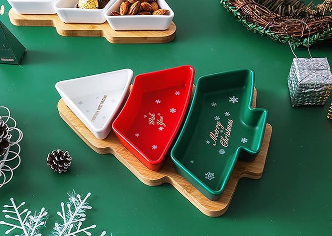 Colorful 11.6 Inches Big Colorful Snack Appetizer Trays Set, Christmas Tree Dessert Serving Dishes, Snack Platter, 3 pcs Removable Porcelain Plates with Bamboo Tree Tray