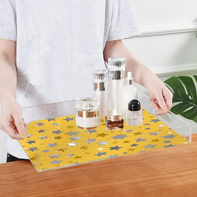 Serving Tray with Handles Clear Acrylic Tray 12x16 Inch Decorative Rectangular Tray Organizer for Ottoman Coffee Table Bathroom Silver and Golden Stars