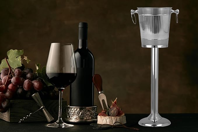 Vertical Striped Nickel Plated Majestic Wine & Ice Bucket with Steel Bucket Stand | Wine Chiller On Stand Kitchenware Bar Ware | Beverage Barware Accessories