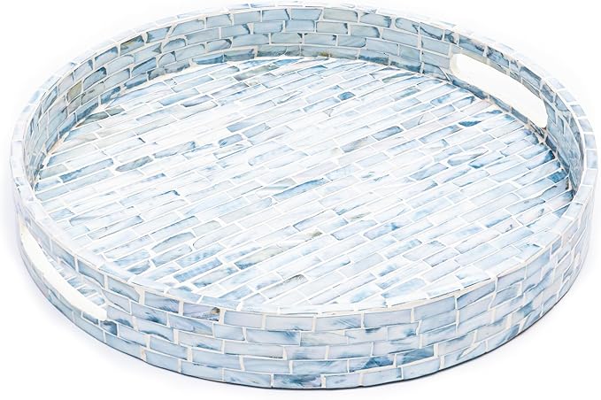 CLAYNIX Serving Tray 12.5 Inch Round, Wooden Lacquer Tray with Mother of Pearl Inlay, Elegant Tea & Breakfast Tray with Handles (Round)