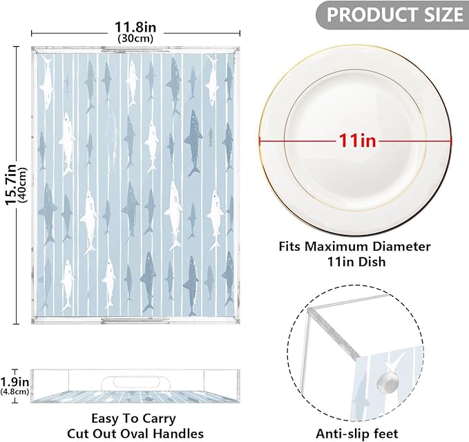 Serving Tray with Handles Clear Acrylic Tray 12x16 Inch Decorative Rectangular Tray Organizer for Ottoman Coffee Table Bathroom Blue Striped Sharks