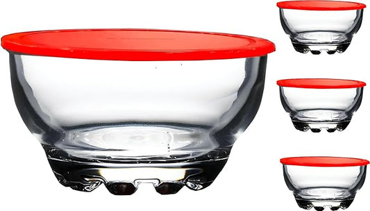BOHEM'S Clear Glass Bowls Set for Kitchen, Small Serving Bowls for Dessert, Snack, Cereal, Fruit, Nuts, Ice Cream, Dipping Prep Bowls, 9.5 oz, Set of 4 (Clear with Lids)