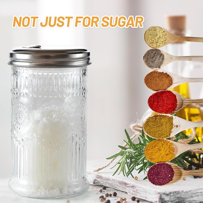 Glass Sugar Shaker Dispenser 12oz, Stainless Steel Flip Top Lid for Easy Pouring, Sugar Pourer for Sugar, Powdered Sugar, Parmesan, Cinnamon, & Spices (Sunflower)