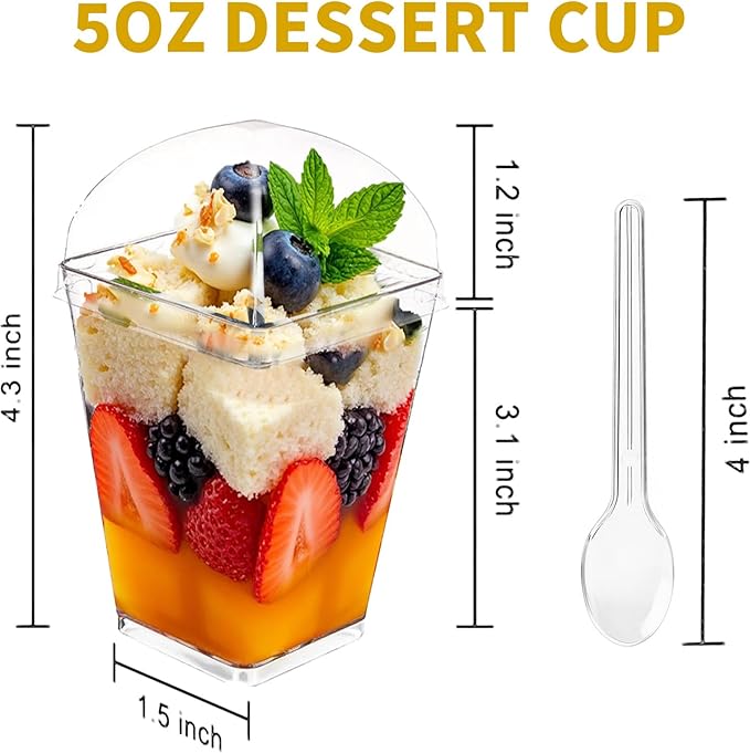 100Pack 5oz Dessert Cups with Lids and Spoons,Plastic Parfait Appetizer Cup,Disposable Plastic Cups, Great for Desserts, Appetizers, Puddings, Mousse