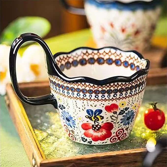 OZY Handpainted Soup Bowl with Handle,Ceramic Cereal Bowl Great for Soup, Ice cream, Fruits,Snack,Microwave &Dishwasher Safe (Honey picking,Spoon)