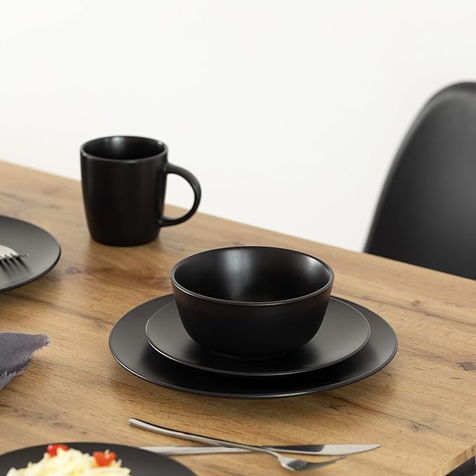 Rimmed Dinnerware Set | Mugs, Salad and Dinner Plates and Bowls Sets, Dishes with Highly Chip and Crack Resistant, Dishwasher and Microwave Safe (Black, Service For 8)