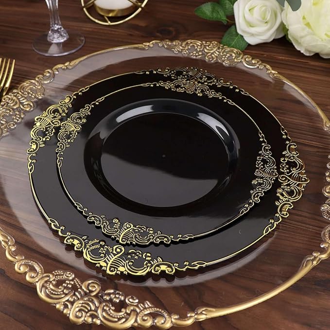 8" Salad Plates -Set of 20 - Plastic Black Round Baroque Disposable Chargers Leaf Embossed Rim, Ideal for Dinner Party Wedding Bulk Events