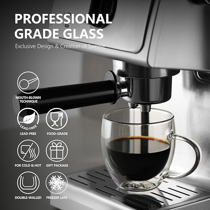 Sweese Clear Coffee Mugs - 8 oz Double Wall Glass Coffee Mugs Set of 4, Perfect for Espresso, Latte, Cappuccino