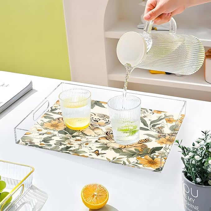 Serving Tray with Handles Clear Acrylic Tray 12x16 Inch Decorative Rectangular Tray Organizer for Ottoman Coffee Table Bathroom Cute Tigers Flowers Beige