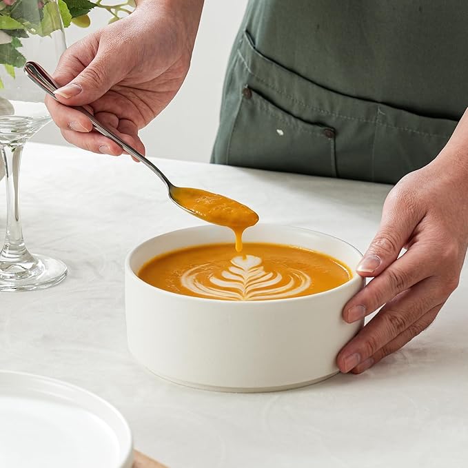26 OZ Cereal Bowl, 6 Inch Ceramic Bowls Sets for 4, Suitable for Breakfast, Soups, Oatmeal, Ramen, Pho, Udon and Ssoba, Dishwasher & Microwave Safe, Handcrafted Bowls Sets,Modern White