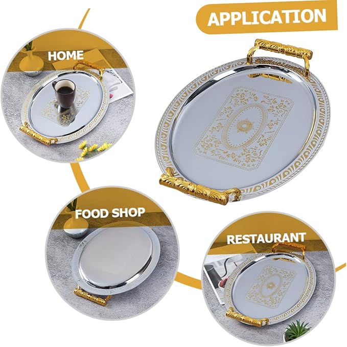 European Style Oval Stainless Steel Serving Tray for Fruit Snacks Desserts Vintage Design for Home Restaurant Use Silver with Gold Rim