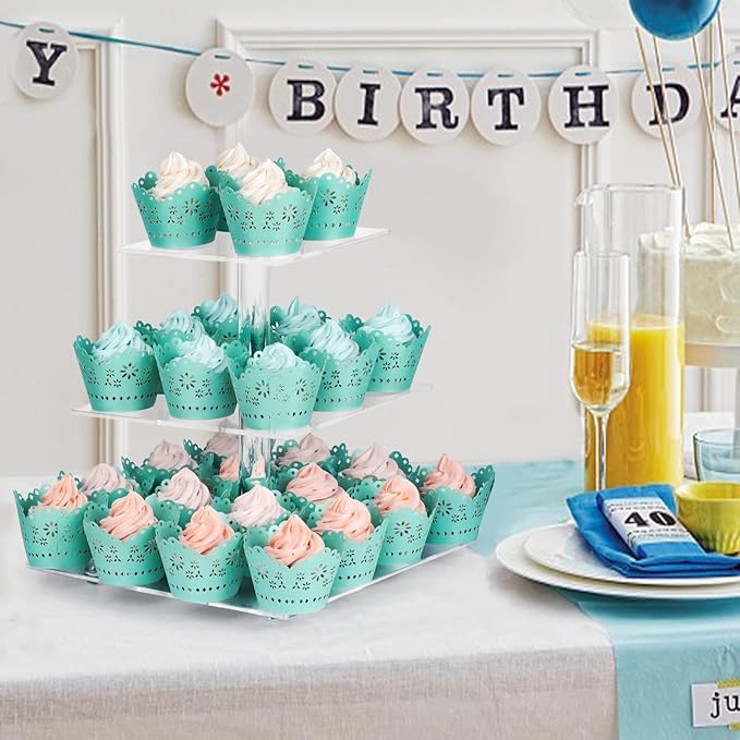 Acrylic Cupcake Stand Clear Cupcake Holder Display Stand Dessert Pastry Tower for Wedding Birthday Bar Party Décor (Square - 3 Tier)